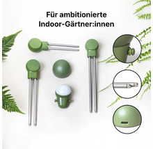 Bodenfeuchtesensoren für Zimmerpflanzen mit Metallsonden und Detailansichten von Anschlüssen und Spitzen.