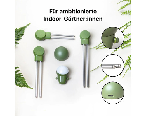 Bodenfeuchtesensoren für Zimmerpflanzen mit Metallsonden und Detailansichten von Anschlüssen und Spitzen.