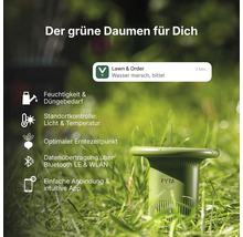 FYTA Pflanzensensor im Rasen mit Funktionen wie Feuchtigkeitsmessung, Lichtkontrolle, Temperaturkontrolle, Bluetooth, WLAN und App-Anbindung.