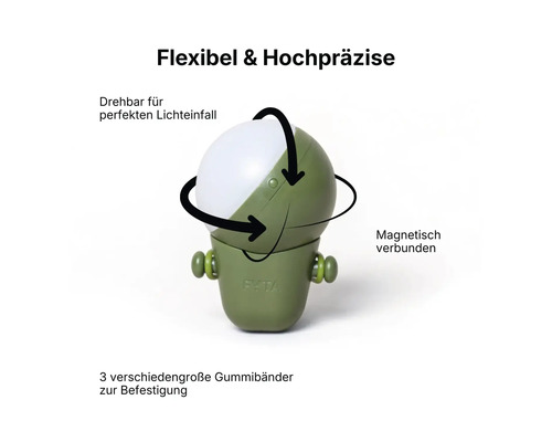 Drehbare FYTA LED Pflanzenlampe mit magnetischer Verbindung und Gummibändern zur Befestigung.
