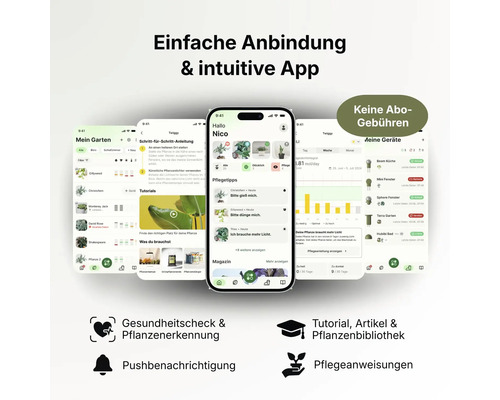 App-Benutzeroberfläche zur Pflanzenpflege mit Pflanzenerkennung, Pflegetipps und Tutorials auf mehreren Smartphones.