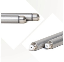 Metallstifte mit abgerundeten Endkappen und Gewindeanschlüssen für Gardinenstangen oder Möbel.