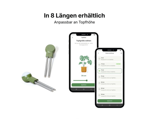 Smarter Pflanzensensor mit App-Steuerung zur Auswahl der Stablänge passend zur Topfhöhe, in 8 Längen erhältlich.