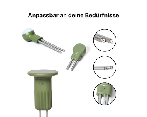 Modularer FYTA Beam Pflanzensensor mit austauschbaren Metallsonden in verschiedenen Längen zur Bodenmessung.