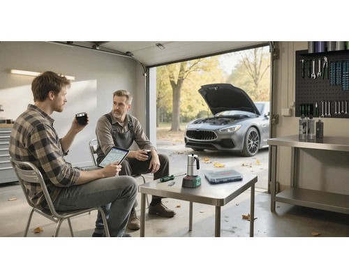 Zwei Männer in einer hellen, organisierten Garage beim Betrachten eines Tablets, im Hintergrund ein Auto mit offener Motorhaube und eine Werkzeugwand.