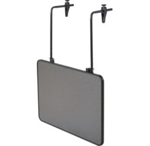 Balkonhängetisch mit grauer Platte und schwarzem Metallgestell, höhenverstellbar zur Montage am Geländer.