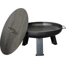 Runde Feuerschale aus Metall mit drei Standfüßen und passendem Deckel mit Griff.