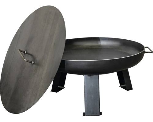 Runde Feuerschale aus Metall mit drei Standfüßen und passendem Deckel mit Griff.