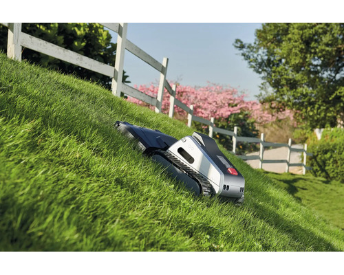 Mähroboter mit Raupenantrieb mäht einen steilen Rasenhang in einem Garten mit weißem Zaun.