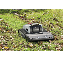 Lymow Mähroboter mit Kettenantrieb und Sensoren auf einer Rasenfläche mit braunem Laub in hellem Tageslicht.