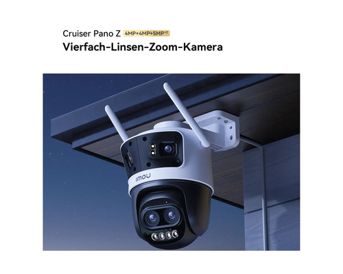 Imou Cruiser Pano Z Überwachungskamera mit vier Linsen und zwei Antennen, montiert unter einem Dachvorsprung.