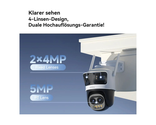 Imou Überwachungskamera mit 4-Linsen-Design, zwei 4-Megapixel-Festobjektiven und einem 5-Megapixel-Schwenk-Neige-Objektiv.