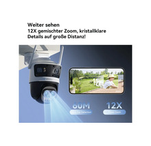 Imou Überwachungskamera mit 12-fach gemischtem Zoom und 60 Meter Erfassungsreichweite, Darstellung der Zoomfunktion auf einem Smartphone.