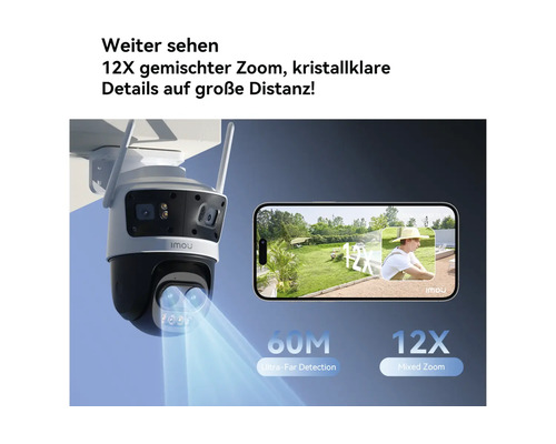 Imou Überwachungskamera mit 12-fach gemischtem Zoom und 60 Meter Erfassungsreichweite, Darstellung der Zoomfunktion auf einem Smartphone.