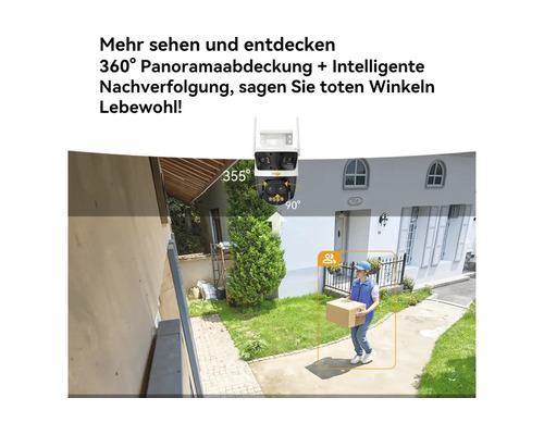 Außen-Überwachungskamera mit 360 Grad Panorama, intelligenter Nachverfolgung, 355 Grad horizontaler und 90 Grad vertikaler Drehung.