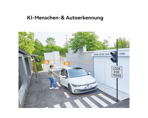 Sicherheitskamera mit Künstlicher Intelligenz zur Erkennung von Personen und Autos: Markierungsrahmen heben eine Person und ein Auto hervor.