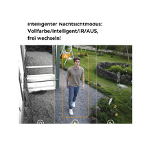 Vergleich der Infrarot- und Vollfarb-Nachtsichtmodi einer Überwachungskamera mit Personenerkennung in einem organisierten Garten.