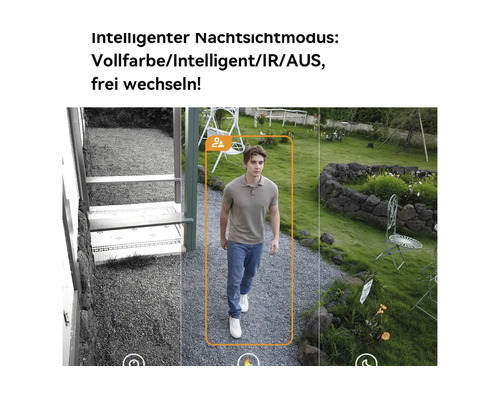 Vergleich der Infrarot- und Vollfarb-Nachtsichtmodi einer Überwachungskamera mit Personenerkennung in einem organisierten Garten.