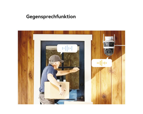Außenüberwachungskamera mit Gegensprechfunktion zeigt Kommunikation mit einem Paketboten an der Haustür.