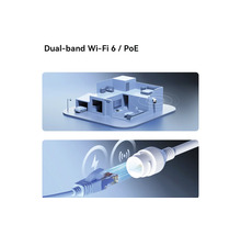 Illustration von Dual-Band Wi-Fi 6 und Power over Ethernet für eine Überwachungskamera mit einem Hausmodell und einer Kabelverbindung.