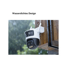 Wasserdichte Überwachungskamera für den Außenbereich mit Imou Logo, montiert an einem Holzbalken im Regen.