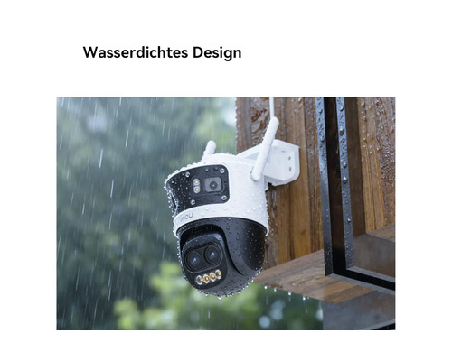 Wasserdichte Überwachungskamera für den Außenbereich mit Imou Logo, montiert an einem Holzbalken im Regen.