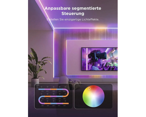LED-Streifen im Wohnzimmer mit anpassbarer segmentierter Steuerung für individuelle Lichteffekte an Decke, Wänden und Fernseher.