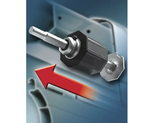 Montage eines Adapters für einen Rollladenmotor mit Richtungsanzeige durch einen Pfeil.