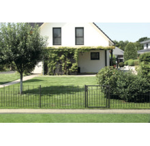 Schwarzer Metall-Gartenzaun mit passendem Tor vor einem Einfamilienhaus mit gepflegter Rasenfläche und Gartenbepflanzung.