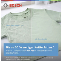 Bosch Logo. Vergleich eines T-Shirts: links ohne Iron Assist zerknittert, rechts mit Iron Assist geglättet mit bis zu 50 Prozent weniger Falten.