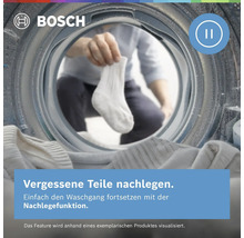 Bosch Logo. Eine Person legt eine Socke in eine Bosch Waschmaschine mit Nachlegefunktion. Symbol für die Pause-Funktion.