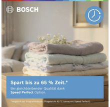 Bosch Logo, Stapel gefalteter Wäsche, Symbol für Zeitersparnis, Text zu Speed Perfect Option für bis zu 65 Prozent Zeitersparnis.
