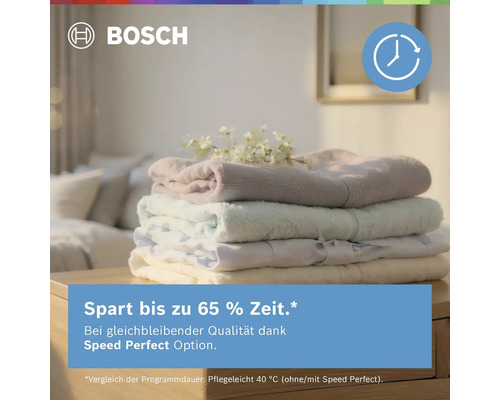 Bosch Logo, Stapel gefalteter Wäsche, Symbol für Zeitersparnis, Text zu Speed Perfect Option für bis zu 65 Prozent Zeitersparnis.