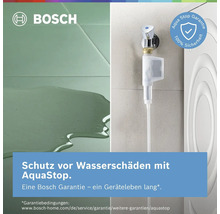 Bosch Logo. Schutz vor Wasserschäden durch AquaStop System mit Anschlussventil am Wasserhahn und einhundert Prozent Sicherheitssiegel.