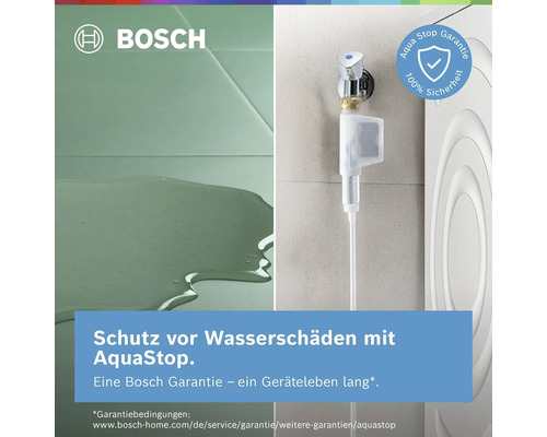 Bosch Logo. Schutz vor Wasserschäden durch AquaStop System mit Anschlussventil am Wasserhahn und einhundert Prozent Sicherheitssiegel.