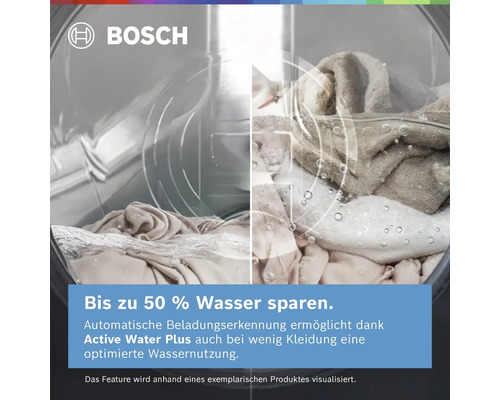 Bosch Waschmaschine mit Active Water Plus Technologie zur automatischen Beladungserkennung und Einsparung von bis zu 50 Prozent Wasser.