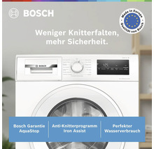 Bosch Waschmaschine Serie 4 mit Iron Assist Anti-Knitterprogramm, AquaStop Garantie und effizientem Wasserverbrauch. Bosch Logo.