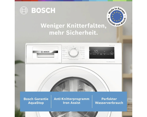 Bosch Waschmaschine Serie 4 mit Iron Assist Anti-Knitterprogramm, AquaStop Garantie und effizientem Wasserverbrauch. Bosch Logo.