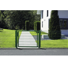 Grünes Gartentor aus Doppelstabmatte mit passendem Zaun vor einem gepflasterten Weg und einem modernen Wohnhaus.