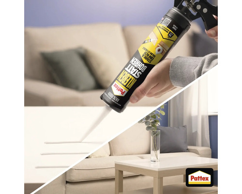 Anwendung von Pattex Kleben statt Bohren Montagekleber mit einer Kartuschenpistole auf einer hellen Oberfläche im Wohnzimmer.