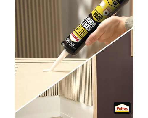 Anwendung von Pattex Kleben statt Bohren Montagekleber auf einer Holzplatte.