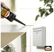Anwendung von Pattex Montagekleber aus einer Kartusche zur Montage eines Metallbriefkastens an einer Wand. Pattex Logo.