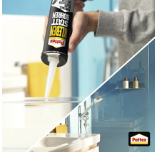 Anwendung von Pattex Kleben statt Bohren Montagekleber auf einer Glasablage und fertig montiertes Regal im hellen Badezimmer. Pattex Logo.