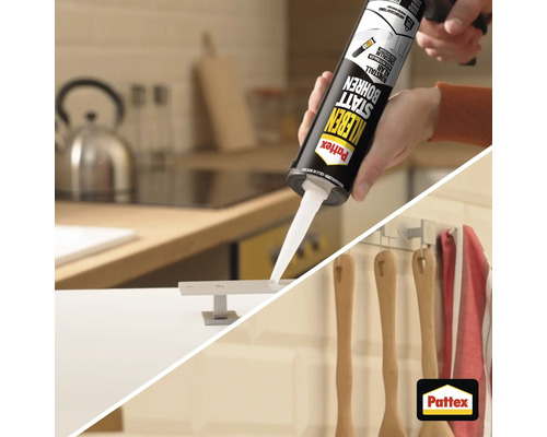 Pattex Kleben statt Bohren Montagekleber wird auf ein Metallteil in einer hellen Küche aufgetragen. Pattex Logo.