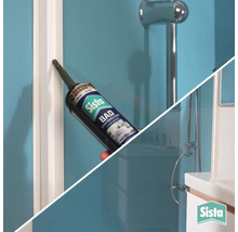 Anwendung von Sista Bad Sanitärsilikon in einer Fuge im Badezimmer. Badezimmerszene mit Dusche und Waschbecken. Sista Logo.