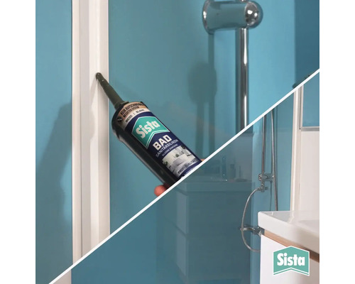 Anwendung von Sista Bad Sanitärsilikon in einer Fuge im Badezimmer. Badezimmerszene mit Dusche und Waschbecken. Sista Logo.