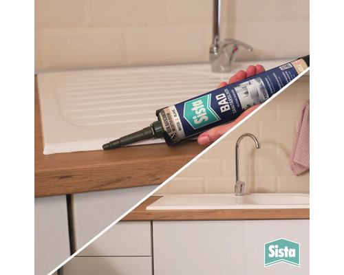 Auftragen von Sista Sanitärsilikon an einer Küchenspüle auf einer Arbeitsplatte aus Holz. Sista Logo.