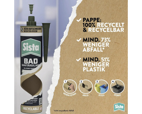Sista Sanitärsilikon mit Pappverpackung aus 100 Prozent Recyclingmaterial, recycelbar, weniger Abfall und Plastik, Anleitung zur Entsorgung.