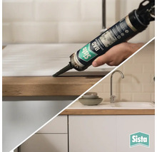 Sista Sanitärsilikon wird an einer Holz-Arbeitsplatte neben einer Spüle in einer hellen, organisierten Küche aufgetragen. Sista Logo.