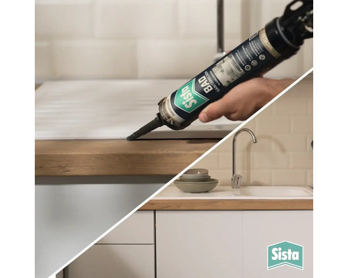 Sista Sanitärsilikon wird an einer Holz-Arbeitsplatte neben einer Spüle in einer hellen, organisierten Küche aufgetragen. Sista Logo.